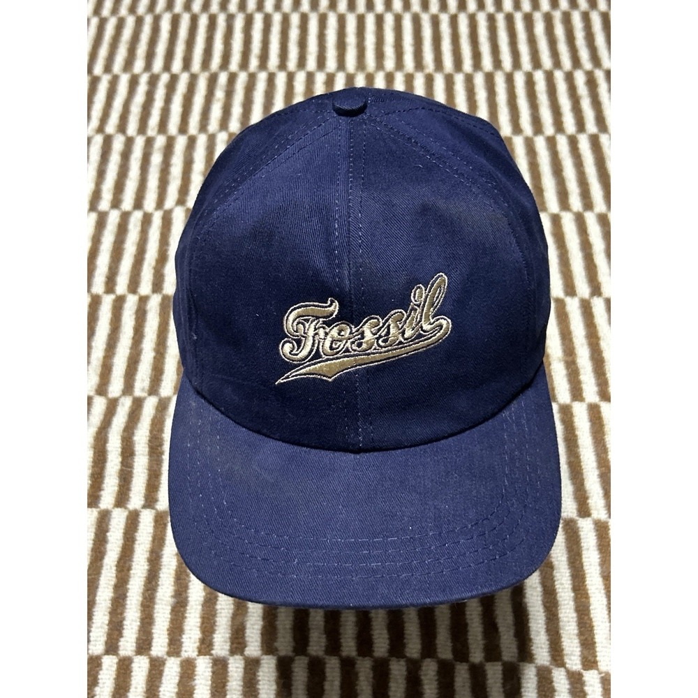 Vintage Fossil Snapback Hat Made USA Navy Blue Script Logo Cap